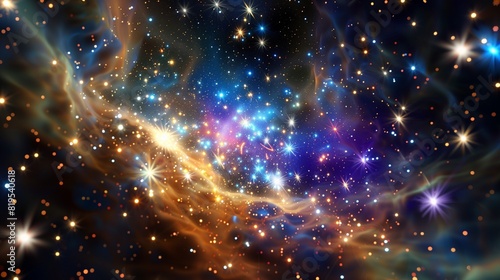 A bright and vivid 3D rendering of a distant star cluster, with sparkling stars and swirling colors creating a whirlwind of energy.