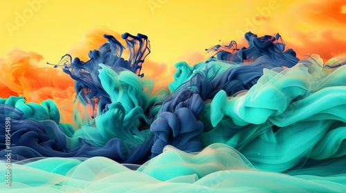 A display of vibrant energy and movement, as a wave of smoke in bold and saturated shades of turquoise and navy blue comes to life against a vivid background of bright yellow and orange.