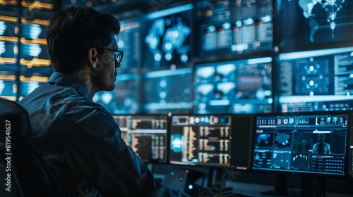 A hightech security operations center monitoring cyber threats in realtime, front view, showcasing cybersecurity advances, with a digital tone in vivid colors