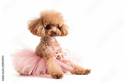 Poodle with a Tutu and Ballet Slippers: An elegant Poodle dressed in a fluffy tutu and tiny ballet slippers, capturing the grace and poise of a prima ballerina