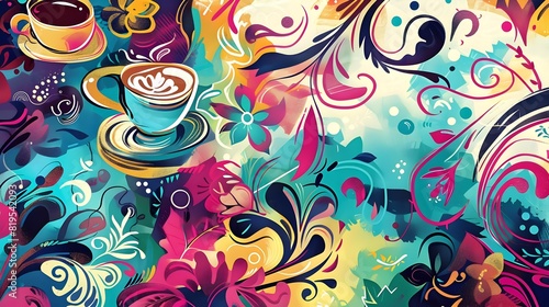 Vibrant Coffee Doodle Collage A Whimsical Kaleidoscope of Stylized Floral Motifs and Abstract Designs Generative ai