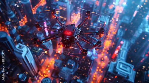 An urban drone delivery network dispatching packages across a cityscape, top view, representing the future of logistics, with a futuristic tone in Triadic Color Scheme