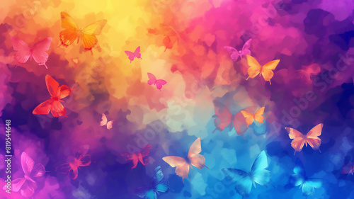 Colorful butterflies in flight against a vibrant, multicolored background of pinks, purples, yellows, and blues, creating a whimsical, dreamlike scene.