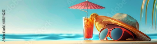 Sunhat sunglasses and iced drink with umbrella on beach under clear blue sky