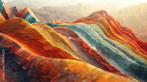 Illustrate the contrast between the colorful slopes of rainbow mountains and the surrounding landscape