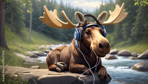 a moose wearing headphones and a plaid shirt, sitting on a rock in front of a river.