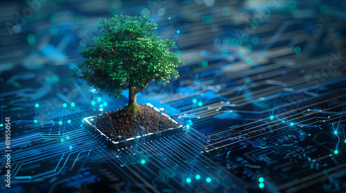 Tree with soil growing on the converging point of computer circuit board. Blue light and wireframe network background. Green Computing, Green Technology, Green IT, csr, and IT ethics Concept