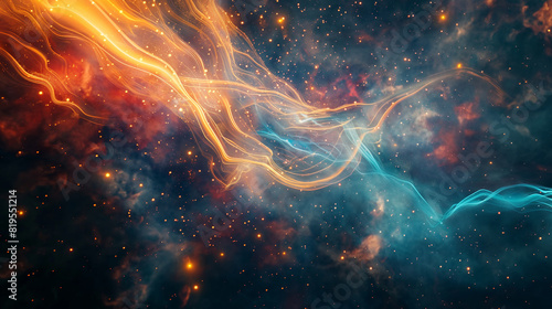 Visualization of strings merging to form particles, with a cosmic background of stars and nebulae. Dynamic and dramatic composition, with cope space