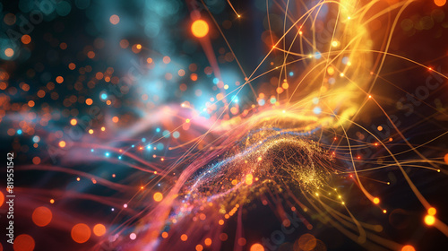 A digital render of strings vibrantly interacting to form subatomic particles, glowing with energy. Dynamic and dramatic composition, with cope space