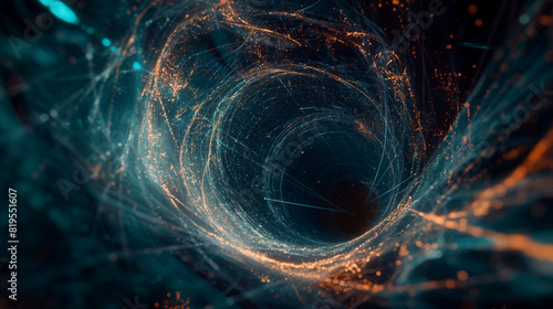 Strings weaving through a black hole, visualizing the interaction between gravity and quantum mechanics. Dynamic and dramatic composition, with cope space