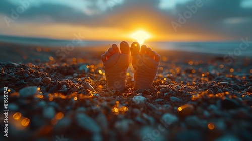 Silhouettes of baby feet against a glowing sunset, with the outline forming a heart shape against the horizon