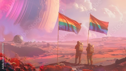Colonists planting pride flags on a new planet, focus on, representation, ethereal, manipulation, alien landscape backdrop