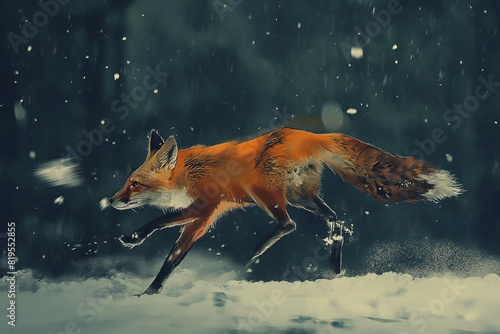 European Red Fox (Vulpes vulpes) running through deep snow and cloud. Fox in winter nature