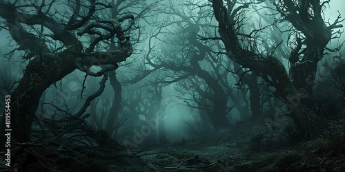 Dark, eerie forest with twisted trees and fog, evoking a sense of horror and mystery, Gothic, Digital Art,