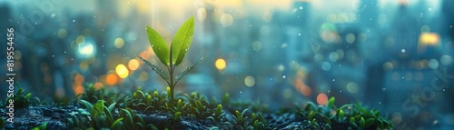 Close-up of a fresh green plant sprouting in an urban environment with city lights in the background, symbolizing growth and hope.