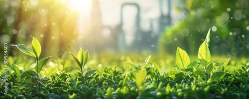 Close-up of young green plants sprouting in the sunlight with a blurred industrial background. Represents growth, nature, and environmental sustainability.