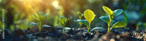 Close-up of young green seedlings growing in soil with sunlight, representing new life, growth, and agriculture.