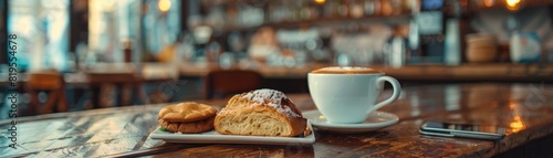 Cozy bakery scene with a cup of cappuccino and fresh pastries on a rustic wooden table, blurred background giving a warm and inviting ambiance.
