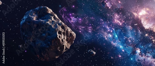 Stunning depiction of an asteroid floating in the vast, colorful expanse of outer space, surrounded by twinkling stars and vibrant cosmic clouds.