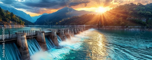 Stunning sunset over a tranquil hydroelectric dam, mountains, and water reflecting the golden light in nature's serene setting.