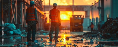 Two workers in safety vests walking amidst an industrial site during sunset with a truck in the background.