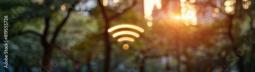 Wi-Fi symbol glowing in soft sunlight among trees, representing wireless technology and connectivity in a natural setting.