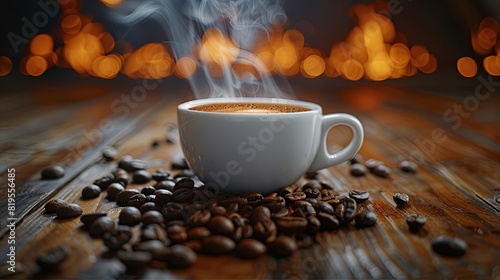 Artistic shot of a steaming white coffee cup with black coffee and a natural swirl, coffee beans on a wooden background