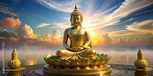 Thai golden buddha statue and lotus flower. heaven background