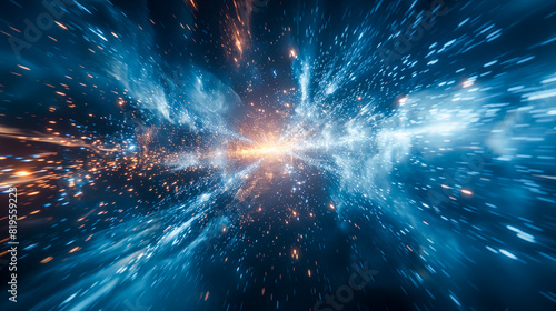 abstract representation of a blue and white starburst or explosion against a dark background. Radiating lines extend outward from a central point, creating a dynamic and energetic visual effect