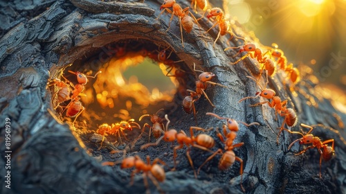 Army of red ants on tree bark.