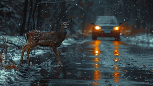 A deer stands in the middle of a road at night, illuminated by the headlights of an oncoming car
