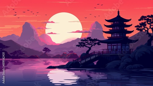 Sunset over traditional pagoda by serene lake, with mountains in background, vibrant colors creating tranquil scene.