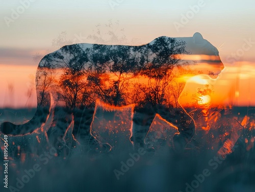 The majestic tiger walks through the fiery sunset.