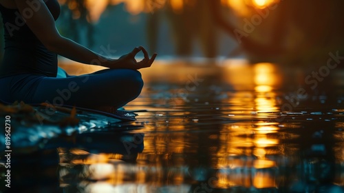 A woman in a yoga pose at sunset, sitting on a rock in a river