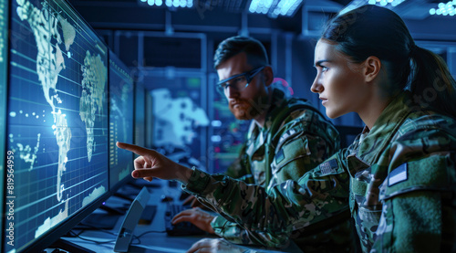 Modern Military Surveillance Officer centers with soldiers working on computer screens displaying tactical maps and data, Control and Monitoring for Managing National Security, and Army Communications
