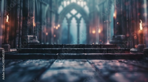 Ethereal cathedral interior with gothic arches, stairs, and warm candlelight creating a mystical atmosphere in the ancient, abandoned structure.