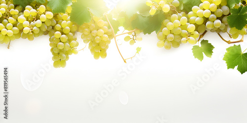 Stunning view of green seedless grapes with vine and leaves, bathed in sunlight on a spotless white background.