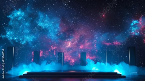 A Columbia Blue glow Display Podium Setup, Presentation Podium Layout, silhouette in a nightscape, bold outline, energy charged luminous pointillism, wireframe, tenebrism mastery style