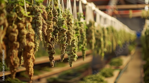 Vertically Arranged Premium Cannabis Flowers Drying in an Indoor Grow Facility