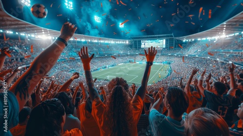 Back view of football, soccer fans cheering their team at crowded stadium at night time. Football fans celebrating a victory in stadium