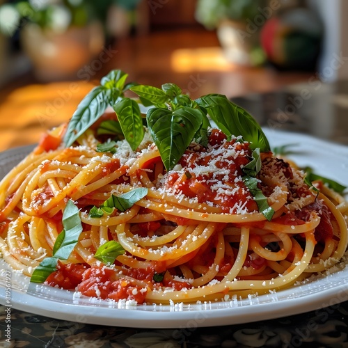 Plate of spaghetti topped with rich marinara sauce and grated parmesan cheese, garnished with fresh basil leaves for a classic Italian dish