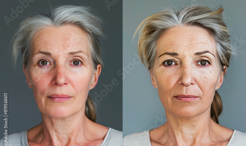 The face of a mature woman before and after face lifting, emphasizing the smoothness and youth achieved thanks to the procedure.