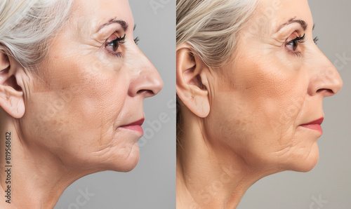 The face of a mature woman before and after face lifting, emphasizing the smoothness and youth achieved thanks to the procedure.
