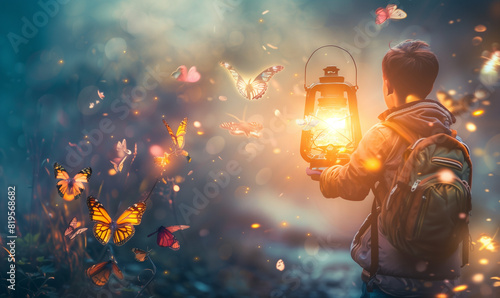 A person discovering a magic lantern that illuminates their path with bright light and colorful butterflies, guiding them forward. This image symbolizes the return of hope and creativity