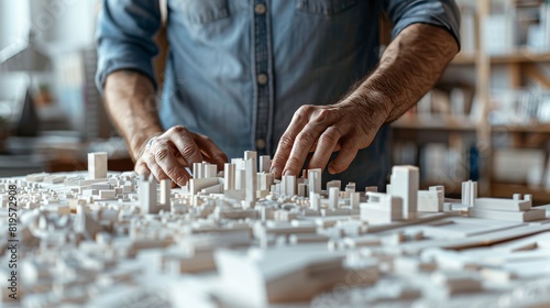 The welllit shot captures an architects hands adjusting a cityscape scale model in a minimalist closeup highlighting the model and hands, Generated by AI