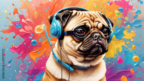 A pug wearing sunglasses and headphones