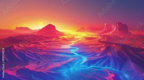 Desert Mirage: Neon visuals depicting a desert mirage, with shimmering illusions of water or oases in the distance