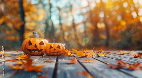 carved pumpkins glow warmly on a rustic wooden table, surrounded by vibrant autumn leaves. The background captures the essence of a magical fall evening with golden hues and a dreamy bokeh effect