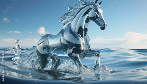 Photorealistic Horse Shaped from Liquid Water: A Detailed, Translucent Figure Emerging from Sea Waves"