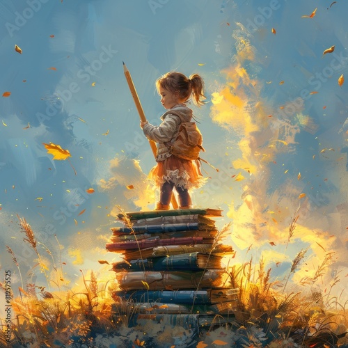 A little girl on a book while holding a large sized pencil, symbolizing joy and determination for the new school year abstract concept with sunset